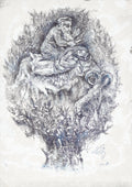 Tree of Knowledge, a symbolic ballpoint pen drawing by Alexander Krasilshchikov depicting a tree filled with biblical figures, a child, and a ram, expressing memory, wisdom, faith, and human destiny.