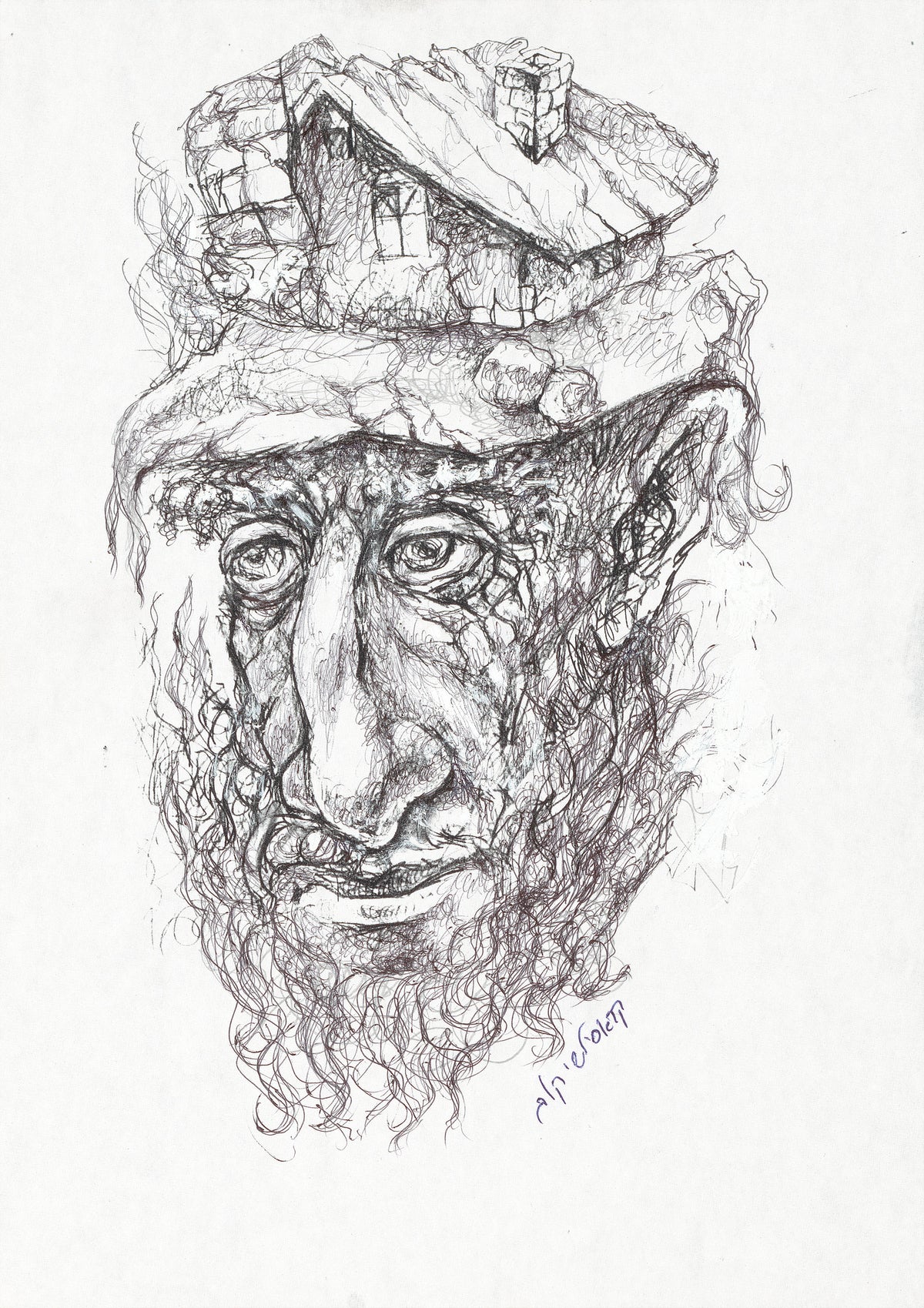 Longing for Home, a symbolic drawing by Alexander Krasilshchikov depicting a contemplative man whose home has become part of his identity and memory.