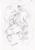 Mise-en-scène by Alexander Krasilshchikov, a contemplative pencil drawing depicting two figures whose contrasting gestures explore intimacy, emotional distance, and the delicate balance between conviction and compassion.