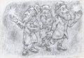 Fireflies, a symbolic pencil drawing by Alexander Krasilshchikov depicting three elderly men sharing a moment of wonder as they look toward unseen lights.