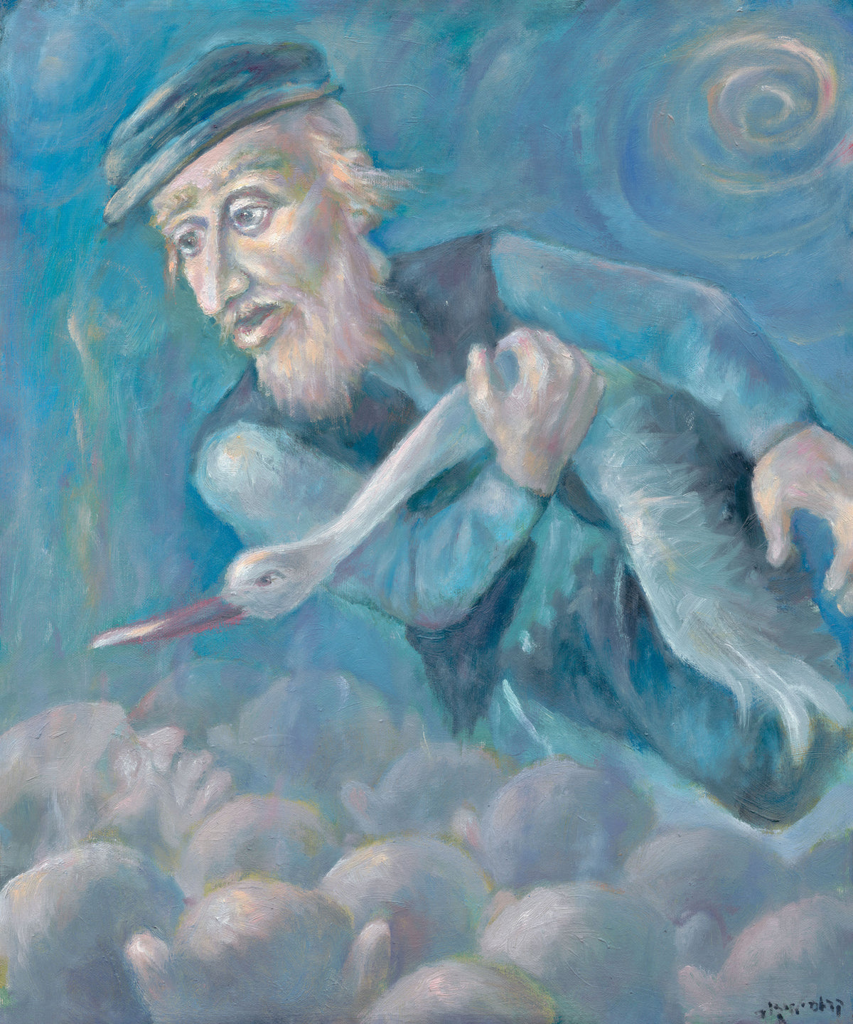 The Stork Bearer, a symbolic oil painting by Alexander Krasilshchikov, showing a traveller carrying a white stork above a shadowy world.